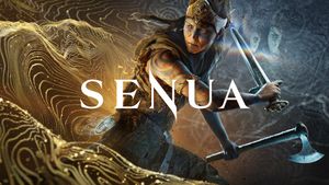Key art for 'Senua', depicts a celtic warrior wielding a sword and an axe. A text logo reads 'Senua'.