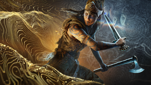 Key art for 'Senua', depicts a celtic warrior wielding a sword and an axe.
