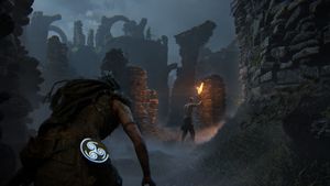Senua, a Celtic warrior, wields a sword with runes carved into its blade. She confronts a giant, humanoid being radiating golden light.